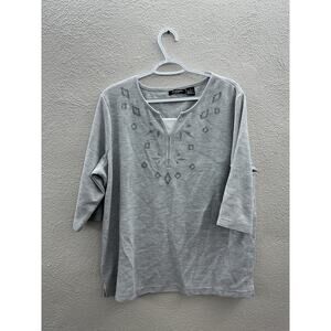 Speculations Womens Blouse Gray Embroidered Rhinestone 3/4Sleeve Henley